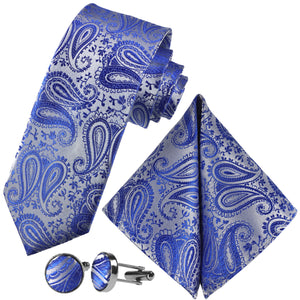 GASSANI 3-SET parure cravatta grigio-blu royal, cravatta da uomo sottile con motivo cachemire, cravatta da sposa jacquard sottile 7 cm, fazzoletto da taschino, gemelli