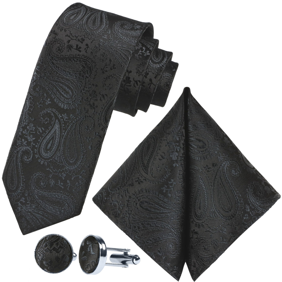 Sada kravat GASSANI 3-SET, černá Paisley Slim pánská kravata, 7 cm tenká žakárová svatební kravata, kapesní manžetové knoflíčky