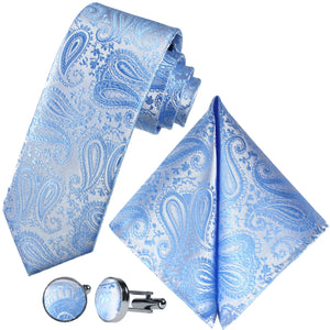 GASSANI 3-SET Krawattenset, Hellblaue Schmale Herren-Krawatte Paisley, 7cm Dünne Jacquard Hochzeitskrawatte Einstecktuch Manschettenknöpfe