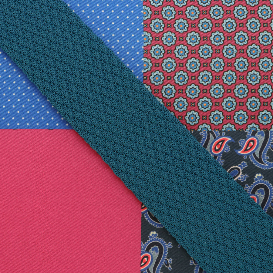 GASSANI Set Cravatta, Cravatta Stretta Diritta 6 cm Blu Petrolio, Fazzoletto Da Taschino Colorato 4 Disegni