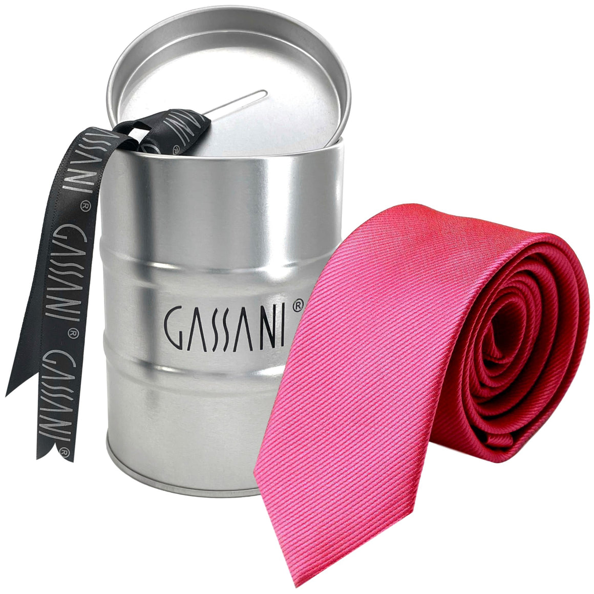 GASSANI 8cm Schmale Pink Gestreifte Uni Rips Herren-Krawatte, Schlips Binder In Geschenk-Box Dose Blech-Spardose