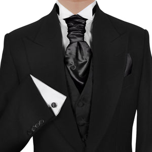 GASSANI 3-SET Saténová plastronová kravata, černá široká svatební kravata, kravatový šátek a kapesní čtverec