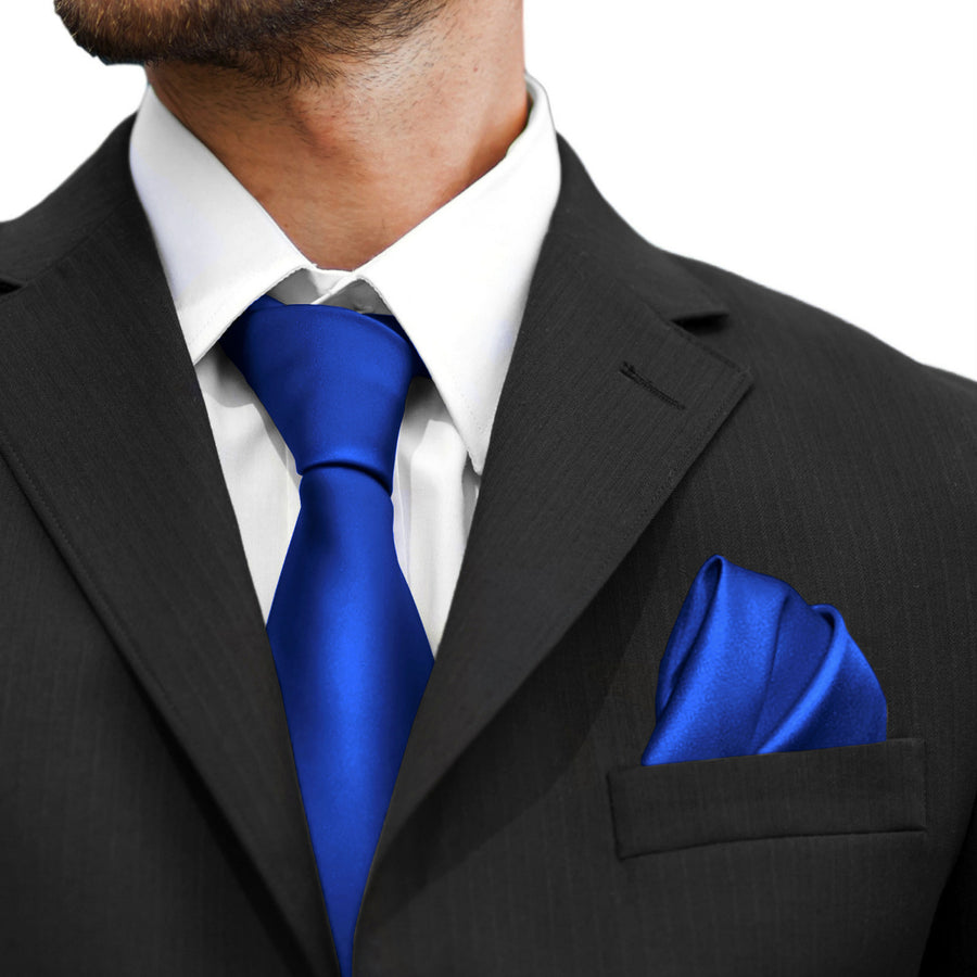GASSANI 3-SET Sada saténových kravat, 8 cm úzká královská modrá pánská kapesní svatební kravata