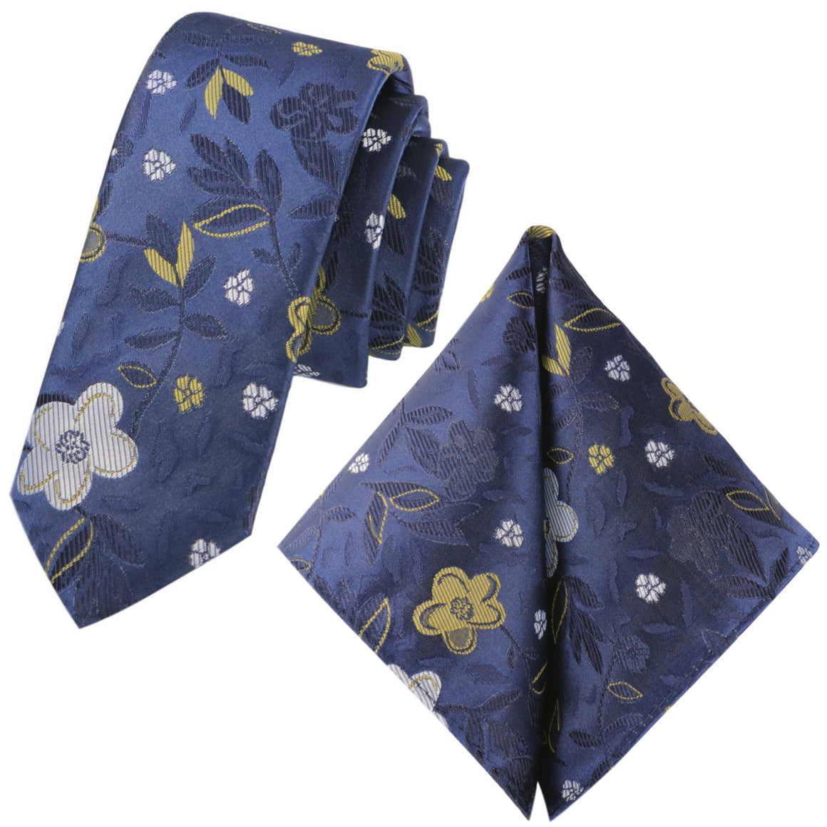 GASSANI 2-SET sada kravat, slim modrá extra dlouhá pánská kravata zlatá květinová, 6 cm tenký žakárový svatební kapesník do kravaty