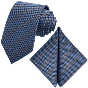 GASSANI 2-SET sada kravat, kravata 8cm úzký vzor houndstooth pruhovaný, šedomodrá extra dlouhá žakárová pánská kravata, kapesník