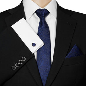 GASSANI 3-SET Cravatta skinny da uomo blu acciaio Paisley Cravatta da sposa jacquard skinny da 7 cm Cravatta da taschino Gemelli Cravatta blu