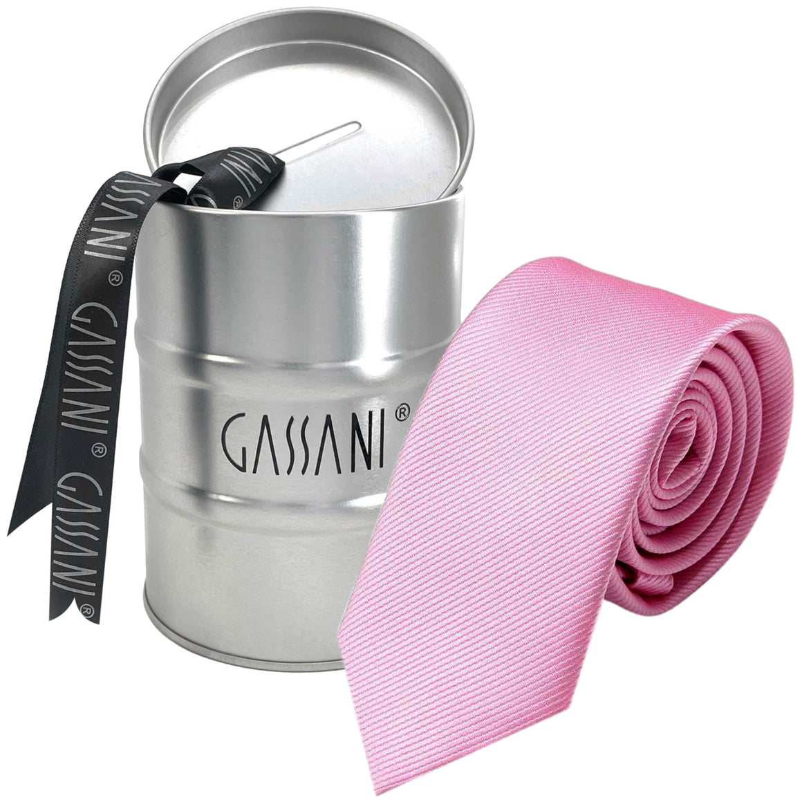 GASSANI 8cm úzký růžový pruhovaný uni Rips pánský kravatový pořadač v dárkové krabičce plechová kasička