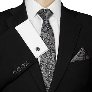 GASSANI 3-SET Krawattenset, Schwarz-Hellgraue Schmale Herren-Krawatte Paisley, 7cm Dünne Jacquard Hochzeitskrawatte Einstecktuch Manschettenknöpfe