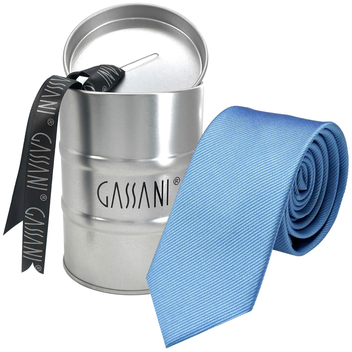 GASSANI Raccoglitore per cravatte da uomo a coste semplici a righe blu pastello stretto da 6 cm in scatola regalo salvadanaio in latta