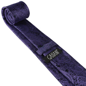 GASSANI 3-SET Paisley Krawattenset Schwarz-Violett, Schmale Herren-Krawatte, 7cm Dünne Jacquard Hochzeitskrawatte Einstecktuch Manschettenknöpfe
