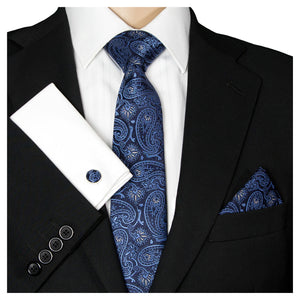 GASSANI 3-SET parure cravatta grigio-blu royal, cravatta da uomo sottile con motivo cachemire, cravatta da sposa jacquard sottile 7 cm, fazzoletto da taschino, gemelli