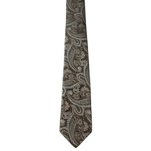 Sada kravat GASSANI 3-SET, hnědá šedá Paisley Slim pánská kravata, 7 cm tenká žakárová svatební kravata, kapesní manžetové knoflíčky