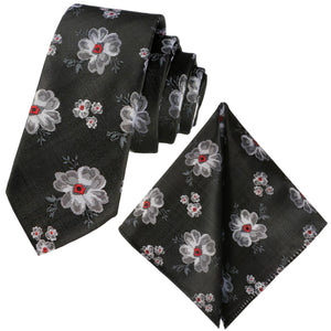 GASSANI 2-SET set cravatta, cravatta slim nera extra lunga a fiori bianco-rosso floreale, 6 cm sottile jacquard fazzoletto da taschino per cravatta da sposa uomo