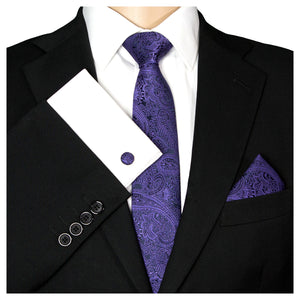 GASSANI 3-SET Paisley Krawattenset Schwarz-Violett, Schmale Herren-Krawatte, 7cm Dünne Jacquard Hochzeitskrawatte Einstecktuch Manschettenknöpfe