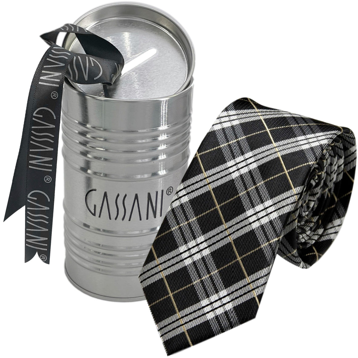 Cravatta da uomo a quadri nera e grigia stretta 6 cm, raccoglitore per cravatta a quadri in scatola regalo salvadanaio di latta