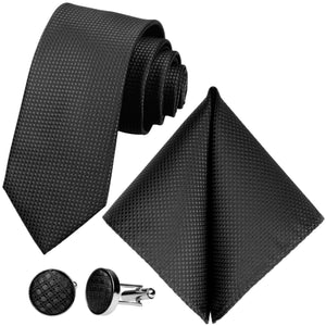 GASSANI 3 ks. Souprava, 8 cm úzká černá pánská kravata, extra dlouhá, svatební kravata, souprava kravat, pánská kravata, kapesník, manžetové knoflíčky