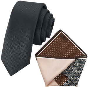 GASSANI parure cravatta, 6 cm stretta nera cravatta uomo slim lunga, fazzoletto beige marrone pois diamanti 4 disegni