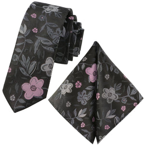 Set cravatta GASSANI 2-SET, cravatta da uomo extra lunga nera sottile rosa floreale, fazzoletto da cravatta jacquard sottile 6 cm