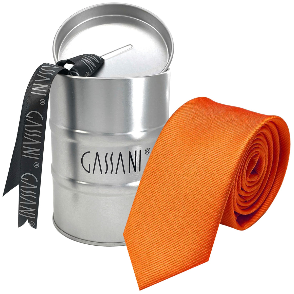 GASSANI Raccoglitore per cravatte da uomo a righe arancioni strette da 8 cm Uni Rips in confezione regalo Salvadanaio in latta