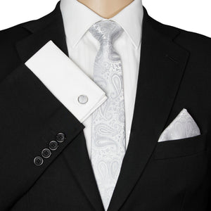 GASSANI 3-SET Set Cravatta, Cravatta da Uomo Slim Paisley Grigio Argento, Cravatta da Sposa Jacquard Skinny da 7 cm Gemelli con Fazzoletto da Taschino