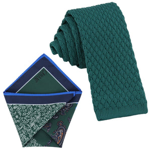 Sada kravat GASSANI, 6 cm úzká rovná rovná petrolejová zelená pletená kravata, kapesní čtvercová barevná 4 vzory
