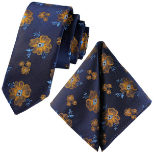 GASSANI 2-SET sada kravat, tmavě modrá extra dlouhá květinová kravata žlutá zlatá květinová, 6cm tenký žakárový pánský svatební kapesník do kravaty