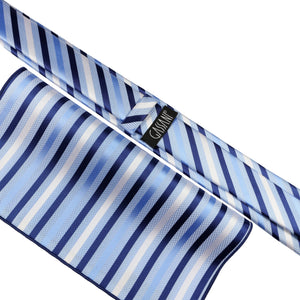 GASSANI 2-SET Set Cravatta a Righe, Cravatta da Uomo in Jacquard A Righe Bianche Blu Stretto 6 cm, Fazzoletto da Taschino