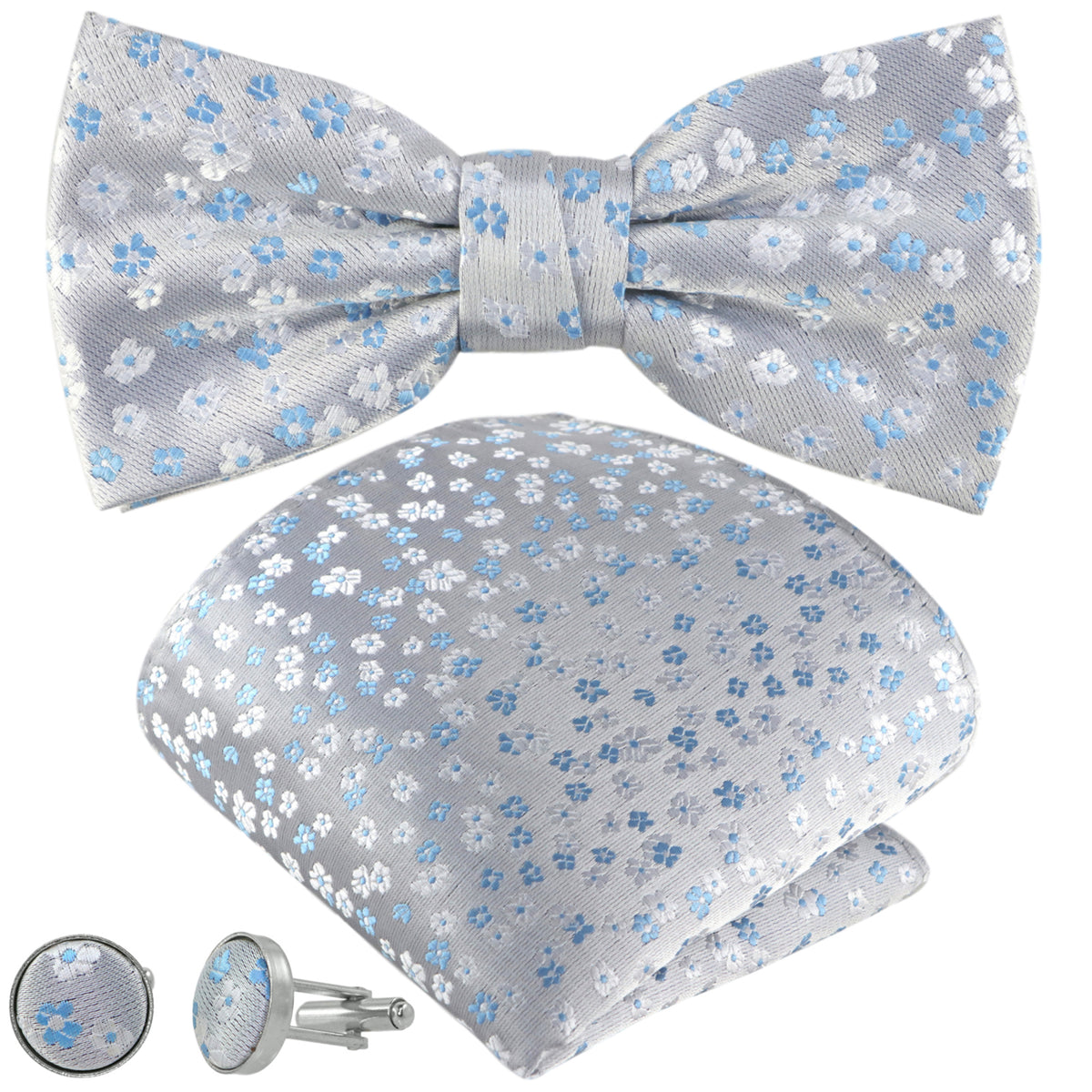 GASSANI 3-sada Modrý saténový květinový svatební motýlek, květinová mašle kapesní čtvercové manžetové knoflíčky