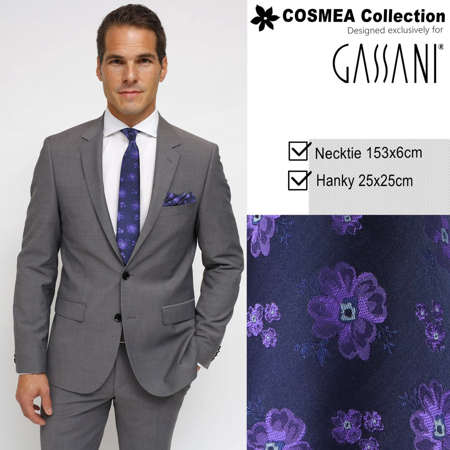 GASSANI 2-SET sada kravat, tmavě modrá extra dlouhá květinová kravata fialová fialová květinová, 6 cm tenká žakárová pánská svatební kravata kapesníček