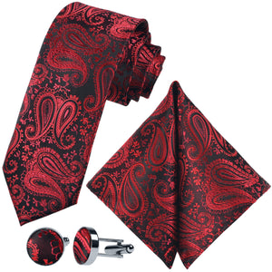 GASSANI 3-SET Set Cravatta, Cravatta da Uomo Slim Paisley Rosso Bordeaux, Cravatta da Sposa Jacquard Sottile 7 cm Gemelli con Fazzoletto da Taschino