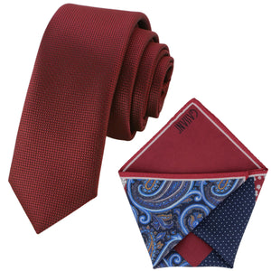 Set cravatta GASSANI, cravatta da uomo rossa stretta larga 6 cm lunga, fazzoletto colorato 4 disegni
