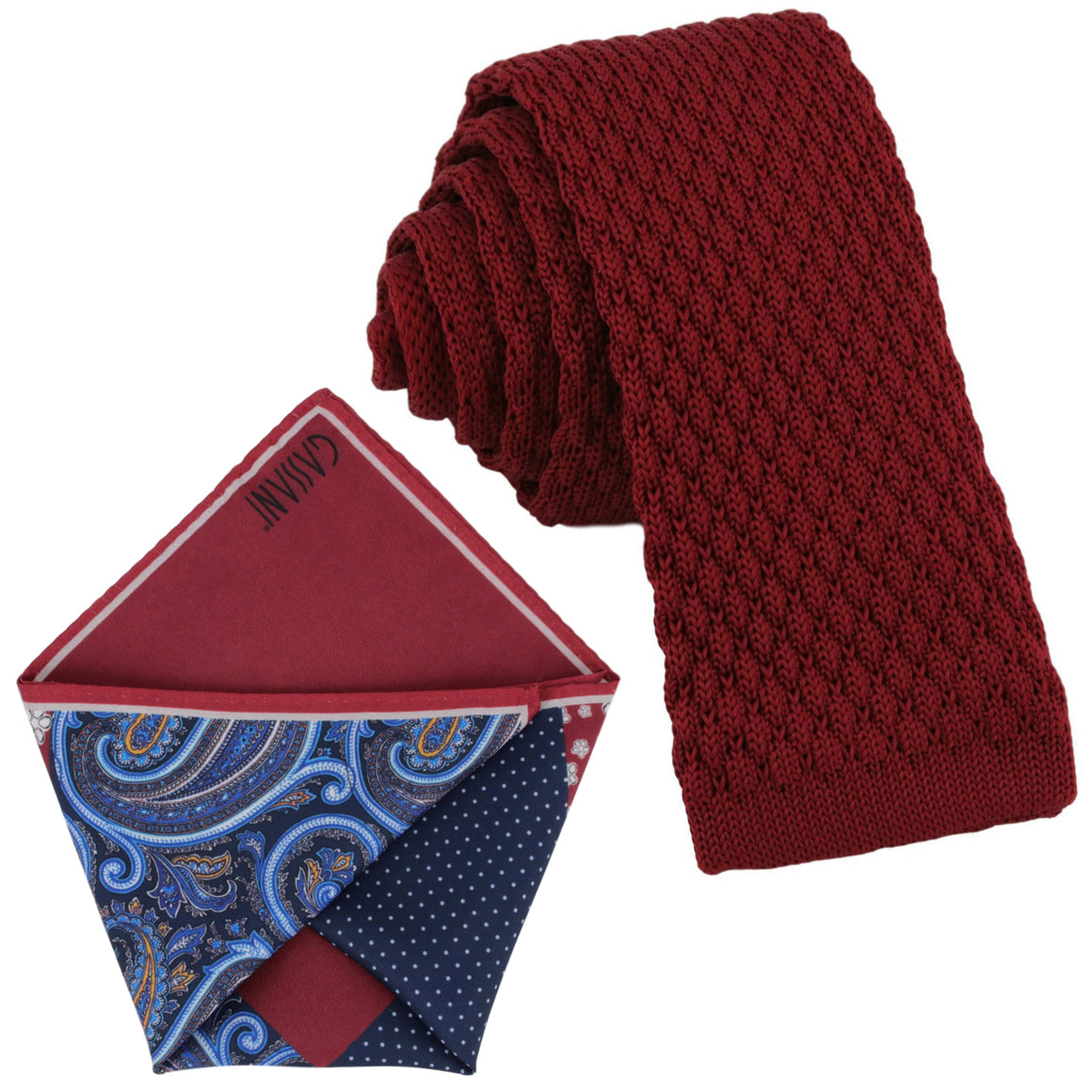 GASSANI Set Cravatta, Cravatta Stretta Diritta 6cm Rosso Vino, Fazzoletto Da Taschino Colorato 4 Disegni