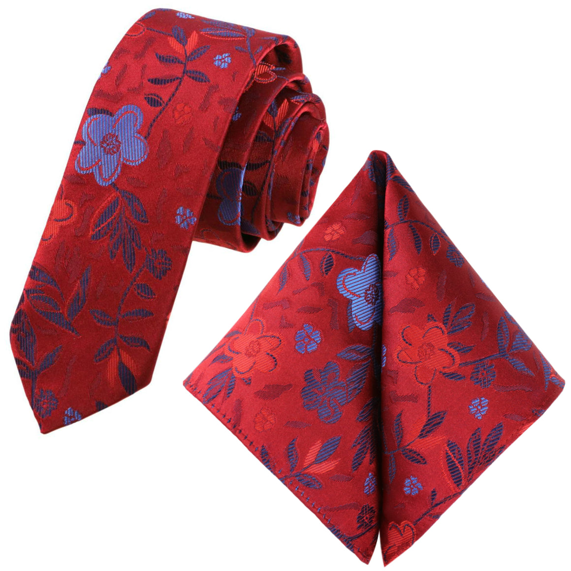 Set cravatta GASSANI 2-SET, cravatta da uomo stretta extra lunga rosso bordeaux floreale, fazzoletto da cravatta jacquard sottile 6 cm